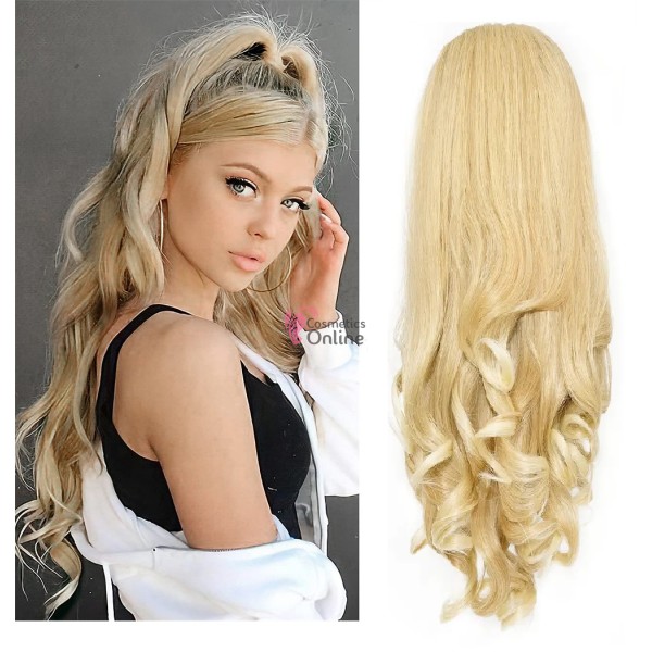 Extensie de par coada tip Mesa usor ondulata cu elastic de 56 cm Blond Deschis Ombre Mixt 39030